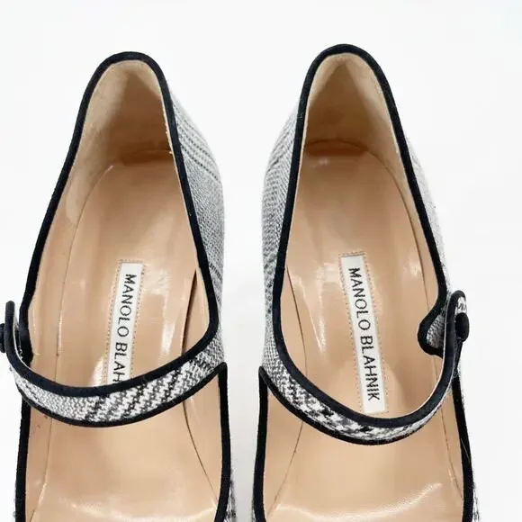 Manolo Blahnik Campari Houndstooth Wool Black Trim Mary Jane Heels Pumps IT 37.5 - Picture 7 of 11